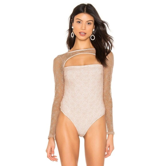 H:ours Jette Bodysuit Small Champagne Pink Lace Long Sleeve Revolve cut out - Picture 1 of 8